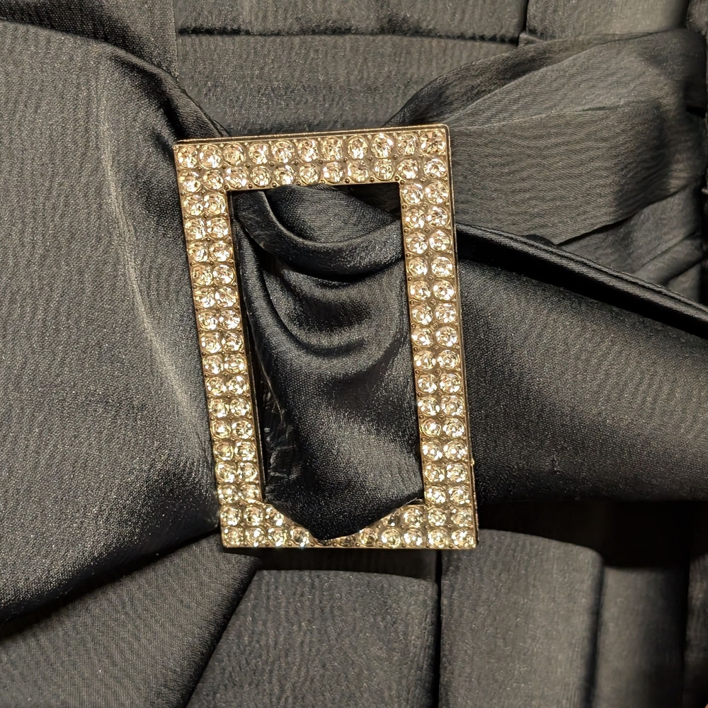House of Harlow 1960 Black Satin Rhinestone Buckle Wrap Mini Dress | Size S - Picture 10 of 12